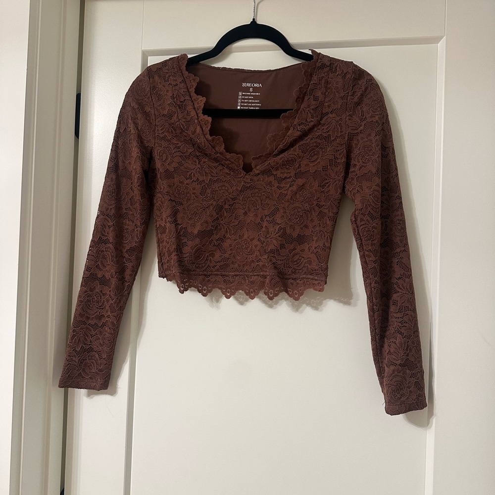 Double Lined Brown Lace Long Sleeve Top